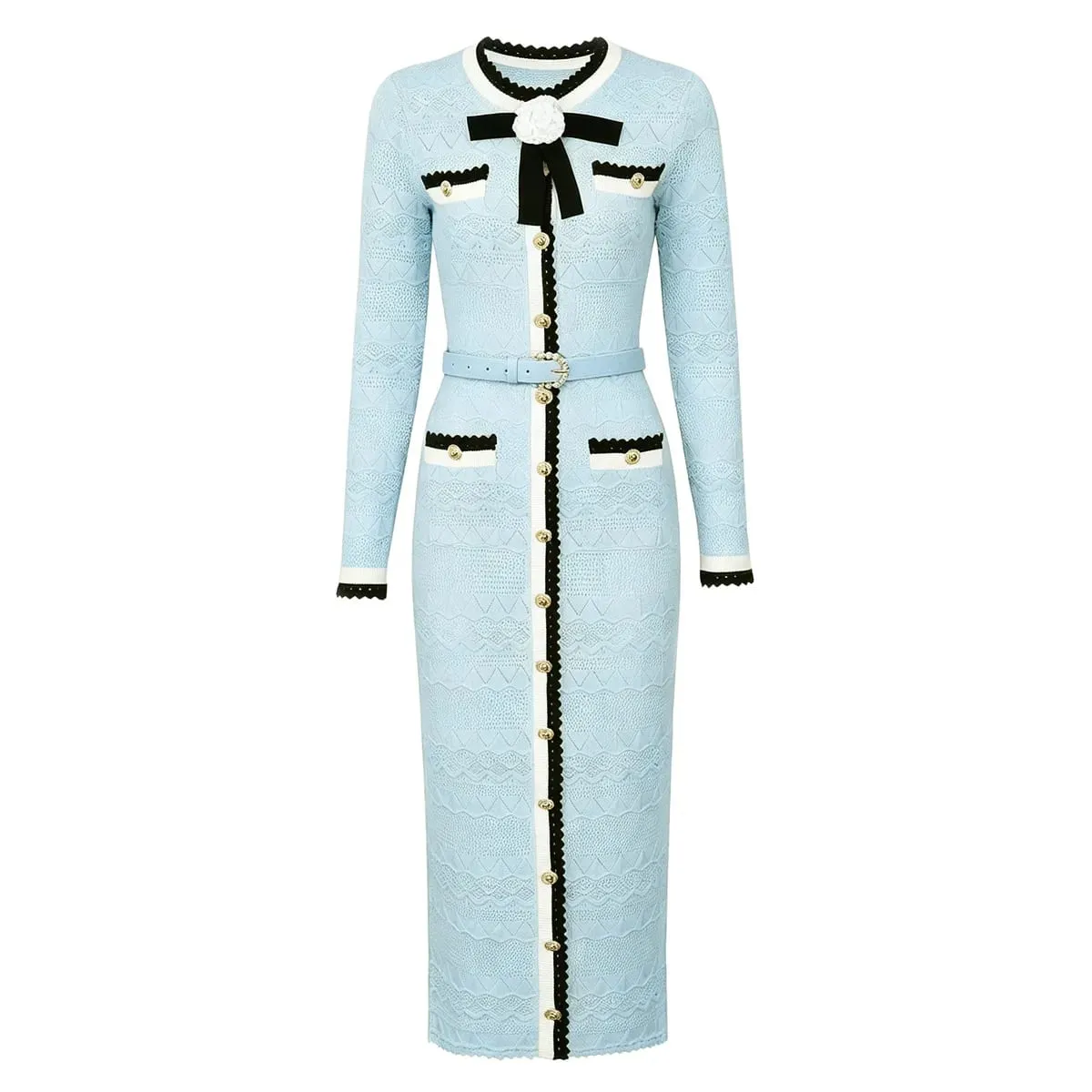 Autumn Winter Long Knitting Sweater Dresses Woman 2026 Fashion 3D Floral Hit Color Midi Straight Party Casual Dress Blue — image 3