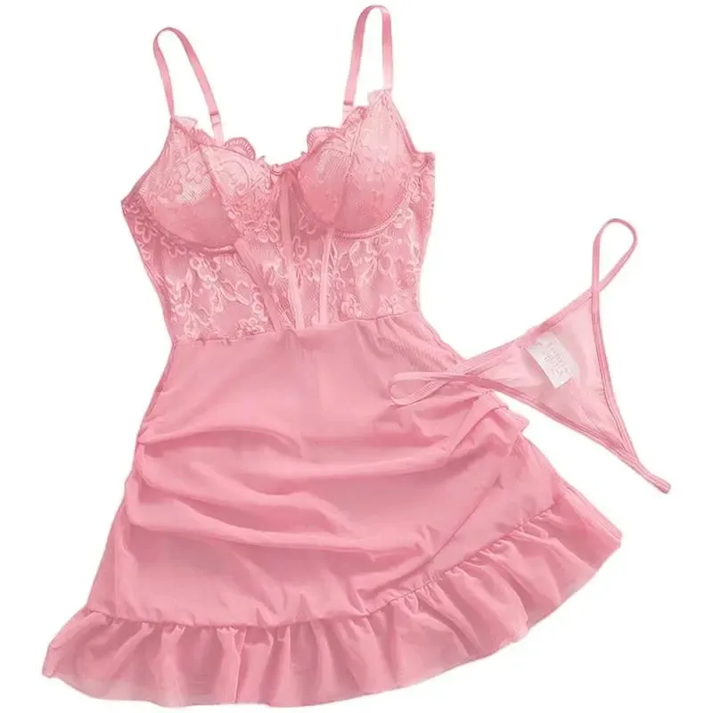 Hot Sexy Lace Splicing Dress Women Lingerie See Through Nightdress Solid Slim Soft V Neck Corset Push Up Bra Underwear Thong Set — image 1