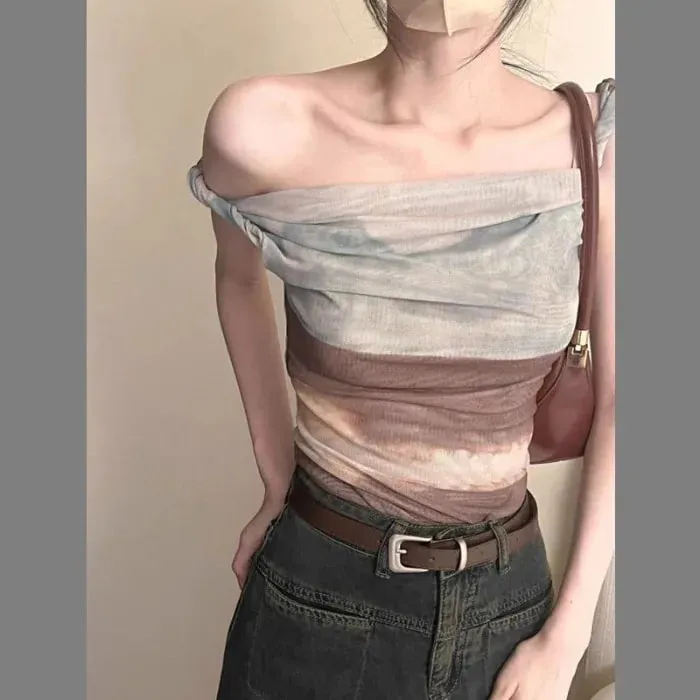 Irregular Net Strap Dyed Off-Shoulder Top for Women Summer American Print Vest Fashionable Versatile Sexy Fitted Short Style