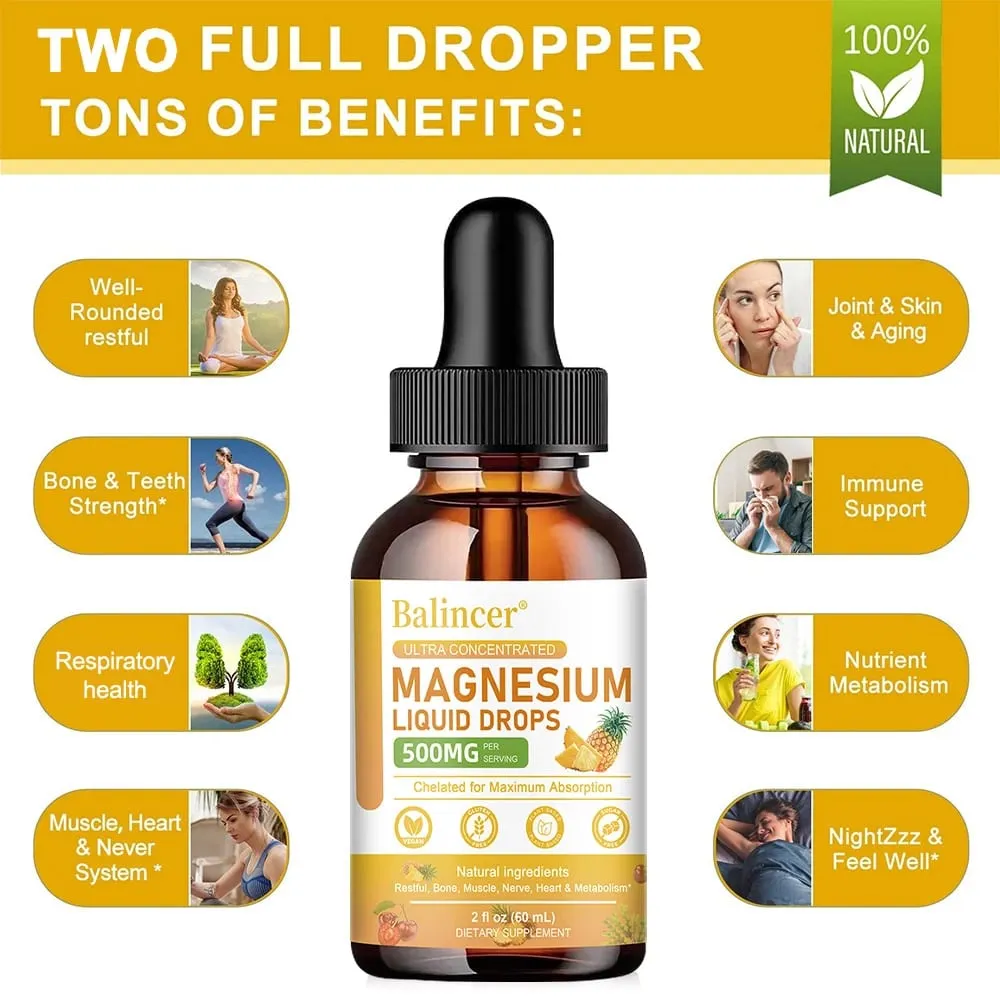 Magnesium Glycinate Liquid Drops 500mg Complex Supplement for Sleep Nerve Energy Muscle Bone Calm & Digestion 2 Fl Oz — image 2