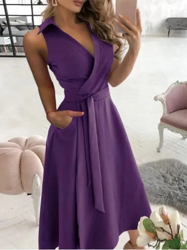 Robe à lacets pour femmes, col en v, manches courtes, couleur unie, poches, élégante, mode bureau, Style de déplacement, été — image 3