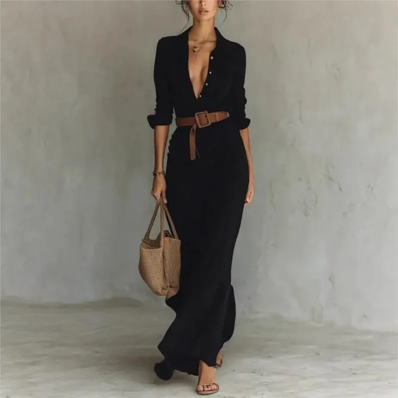 Moda feminina sólido vestido de festa de férias elegante lapela botão drapeado vestido longo casual manga longa jogo com cinto camisa vestido — image 2