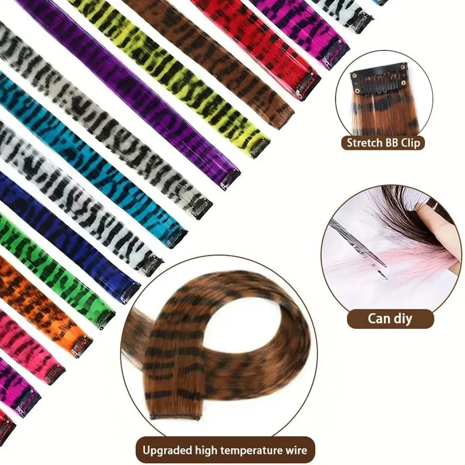 Long Straight Colorful Striped Hairpieces Synthetic Clip in Leopard Print Hair Piece Halloween Party Cosplay Y2K Feather Scene — image 4