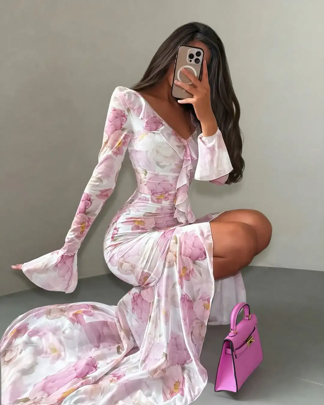 Pink Floral Print Maxi Dress V-neck Ruffle Trim Flare Women Sleeve Ruched High Slit Chiffon Dresses Elegant Evening Party Robe — image 4