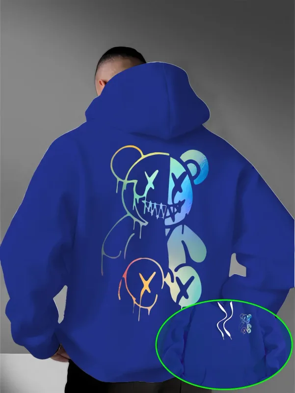 Loose Oversized Men Hoodies Holographic Split Evil Bear Front Back Dual Print Pullover Sweatshirt Dark Street Daily Hooded Tops — image 3