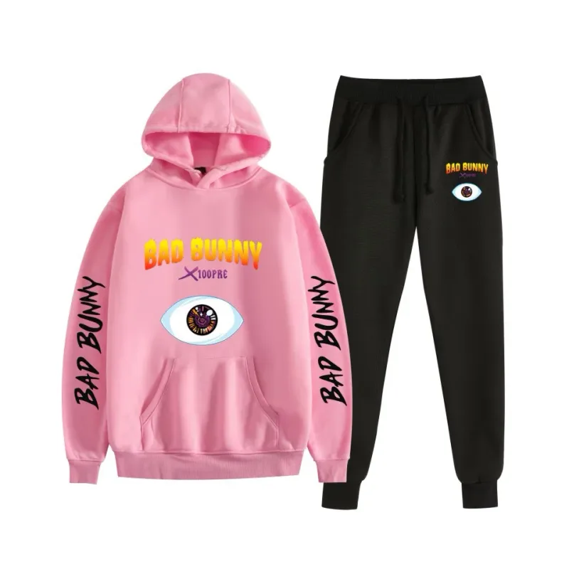 Harajuku Bekväm bad bunny Tryck Sweatshirt Träningsbyxor Kostym Dam Luvtröjor+ Byxor Kostym Pojkar/Flickor 2-delat set Kläder — image 18