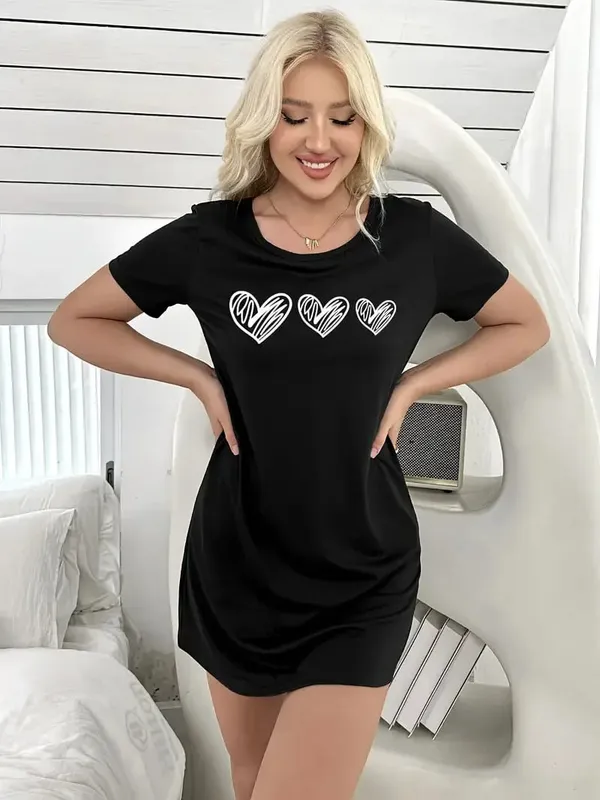 Women's Heart-Print Casual Dress Short-Sleeved Round-Neck T-Shirt Dress Comfortable Loungewear