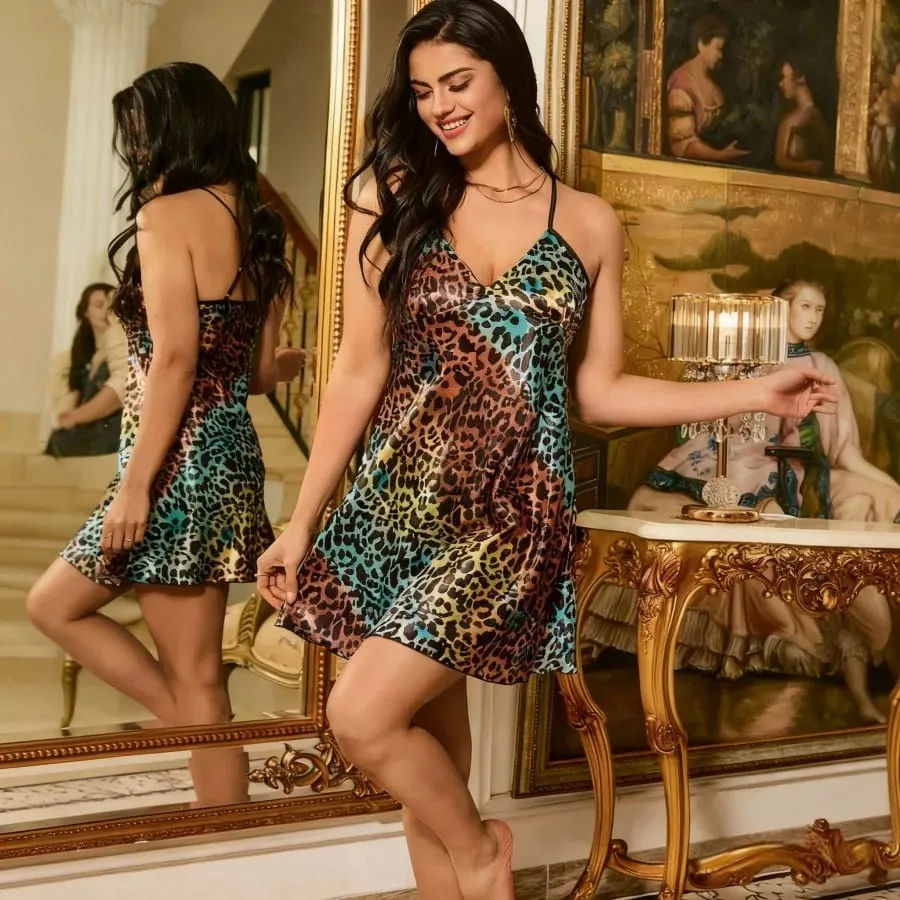 Leopard Printed Dresses Para sa Babae Fashion Sexy Streetwear Strap V-Neck Sleeveless Backless Sheath Mini Vestidos Robes Female Fit — image 3