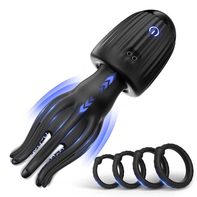 Thrusting Male Masturbator Penis Vibrator Glans Trainner with 4 Cock Rings Clit Nipple Stimulator Adults Sex Toys for Men
