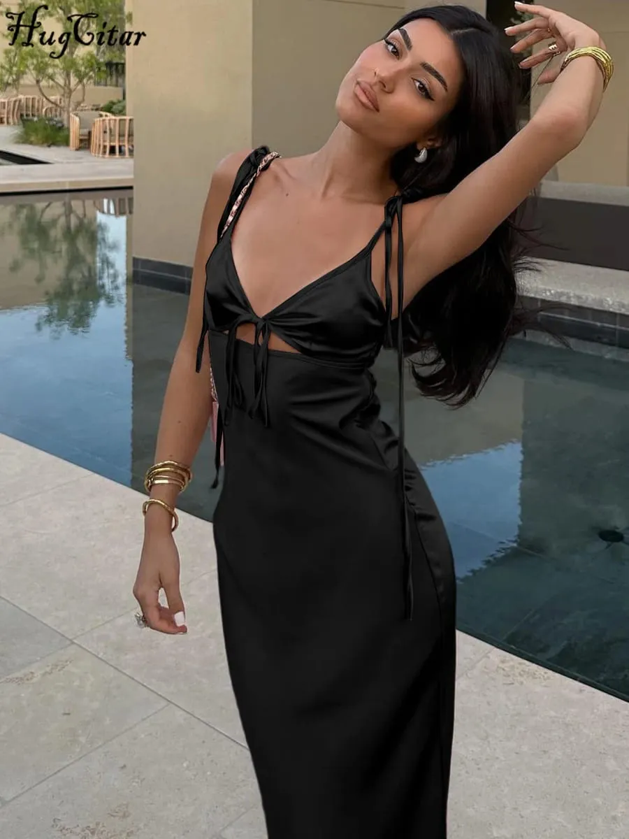 Hugcitar decote em v sólido deslizamento sem costas oco rendas até sexy bodycon maxi vestido de baile verão feminino roupas elegantes festa aniversário — image 5