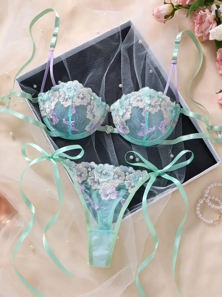 Feminino doce flor bordado conjunto de sutiã de renda com underwire malha transparente lado arco calcinha lingerie romântica S-XL tamanhos