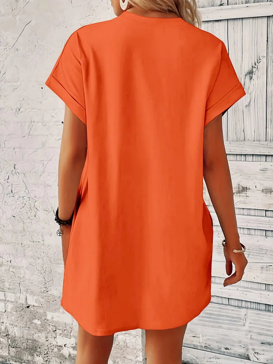 Women Summer Casual Loose Solid Color Mini Dress Short Sleeve O-Neck T-shirt Dresses With Pockets Fashion Elegant Basic Robes