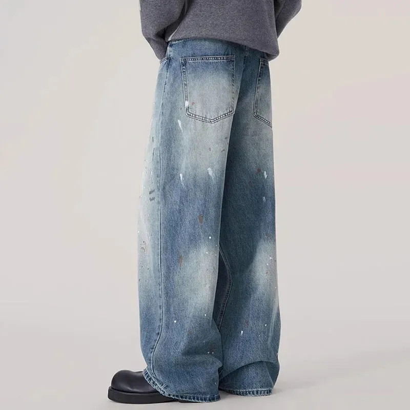 Autumn Korean Splashed Ink Jeans Men'S Straight Leg Pants Fashionable High Street Retro Loose Wide Leg Pants Design Pants — image 4