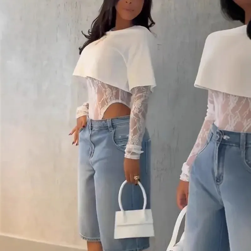 Sexy Women Crop Top+Lace Jacquard Full Sleeve Bodysuit Hottie Street Clubwear Slim Fit Wild Matching Basic Skinny Tees+Jumpsuit — image 6