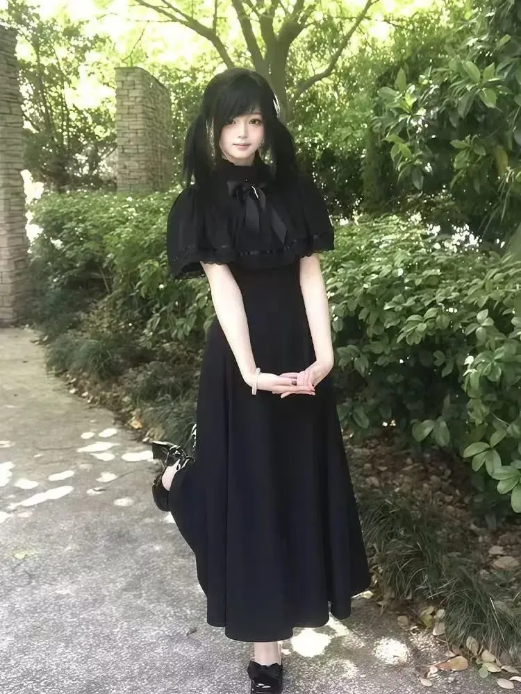 Gothic Y2K Summer Slim Lace Dress Women High Street Vintage Bow Thin Black Dresses Female Fashion Design 2026 Solid Outfits