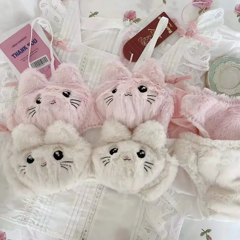 יפנית Kawaii בפלאש נשים סט חזיית ילדה חמודה חתול נוחה סט חזייה מצוירת הלבשה תחתונה מקסימה רכה לסטודנטים — image 5