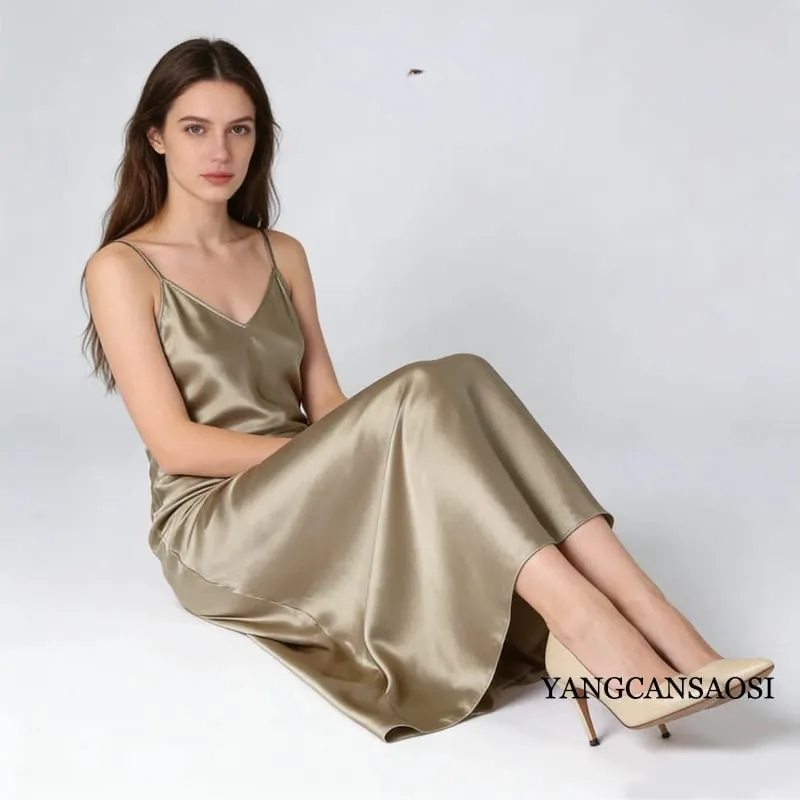 2026 Pambabaeng Fashion Bagong 21MM 100% Natural Mulberry Silk Plain Satin Extended French Sexy Adjustable Shoulder Strap Solid Dress — image 7