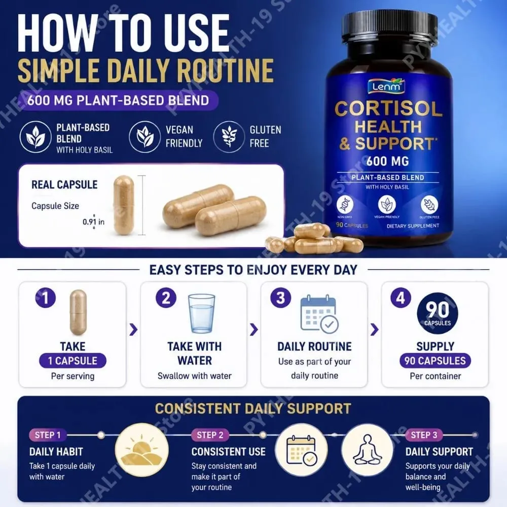 Lenm Cortisol Cápsulas de Suporte à Saúde Ashwagandha Rhodiola Holy Basil L-Theanine Para Equilíbrio do Estresse e Relaxamento Adulto 90 Contagem — image 5