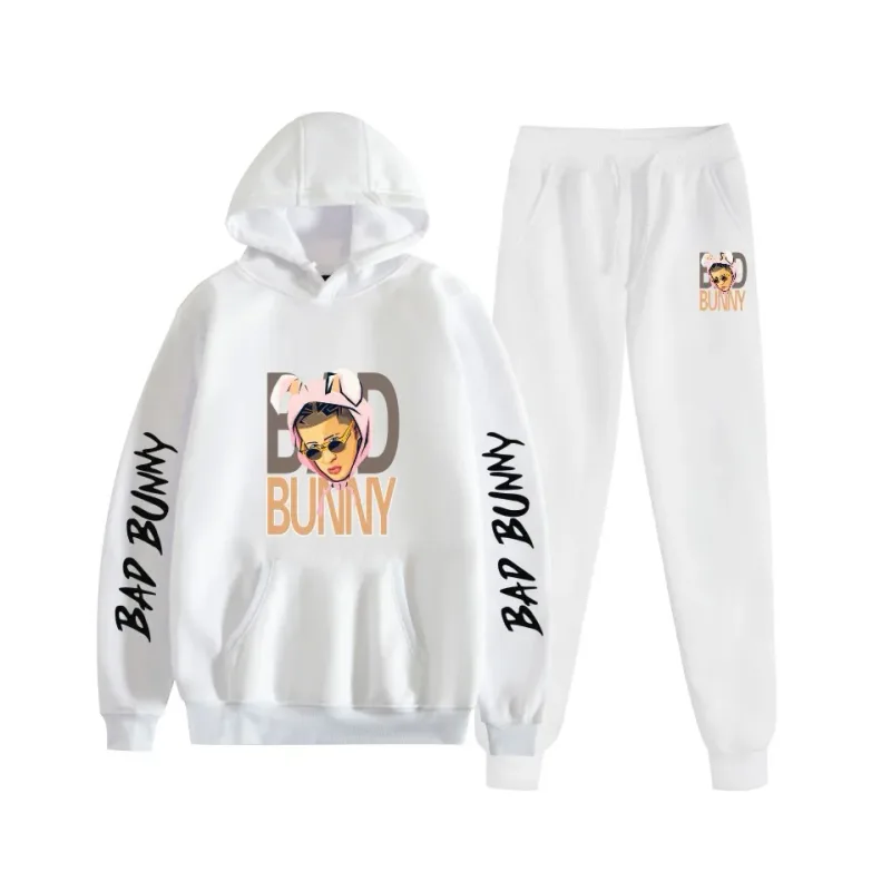Harajuku Bekväm bad bunny Tryck Sweatshirt Träningsbyxor Kostym Dam Luvtröjor+ Byxor Kostym Pojkar/Flickor 2-delat set Kläder — image 27