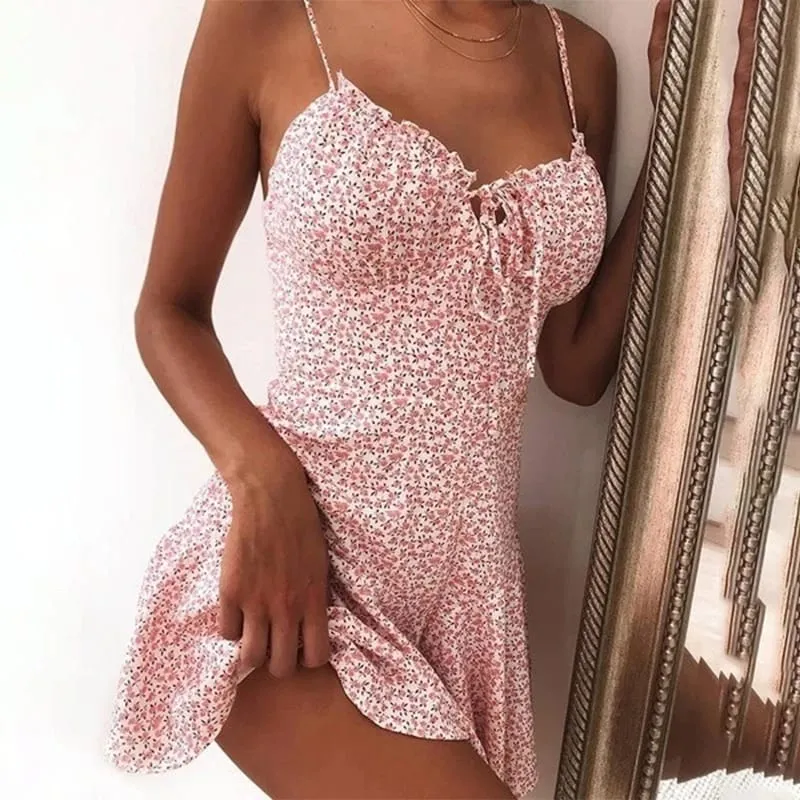 2023 feminino verão cinta de espaguete floral impressão gravata frente mini vestido y2k sexy vestido patry praia estilo novo all-match saia floral — image 5