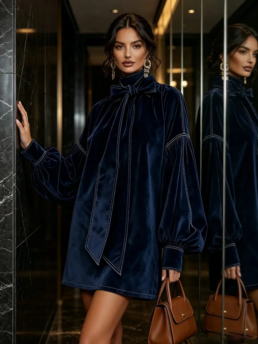 American Retro High Collar Lantern Sleeve Long Sleeve Bow Tie Elegant Velvet Women Mini Dresses Casual Autumn High Street Dress — image 5