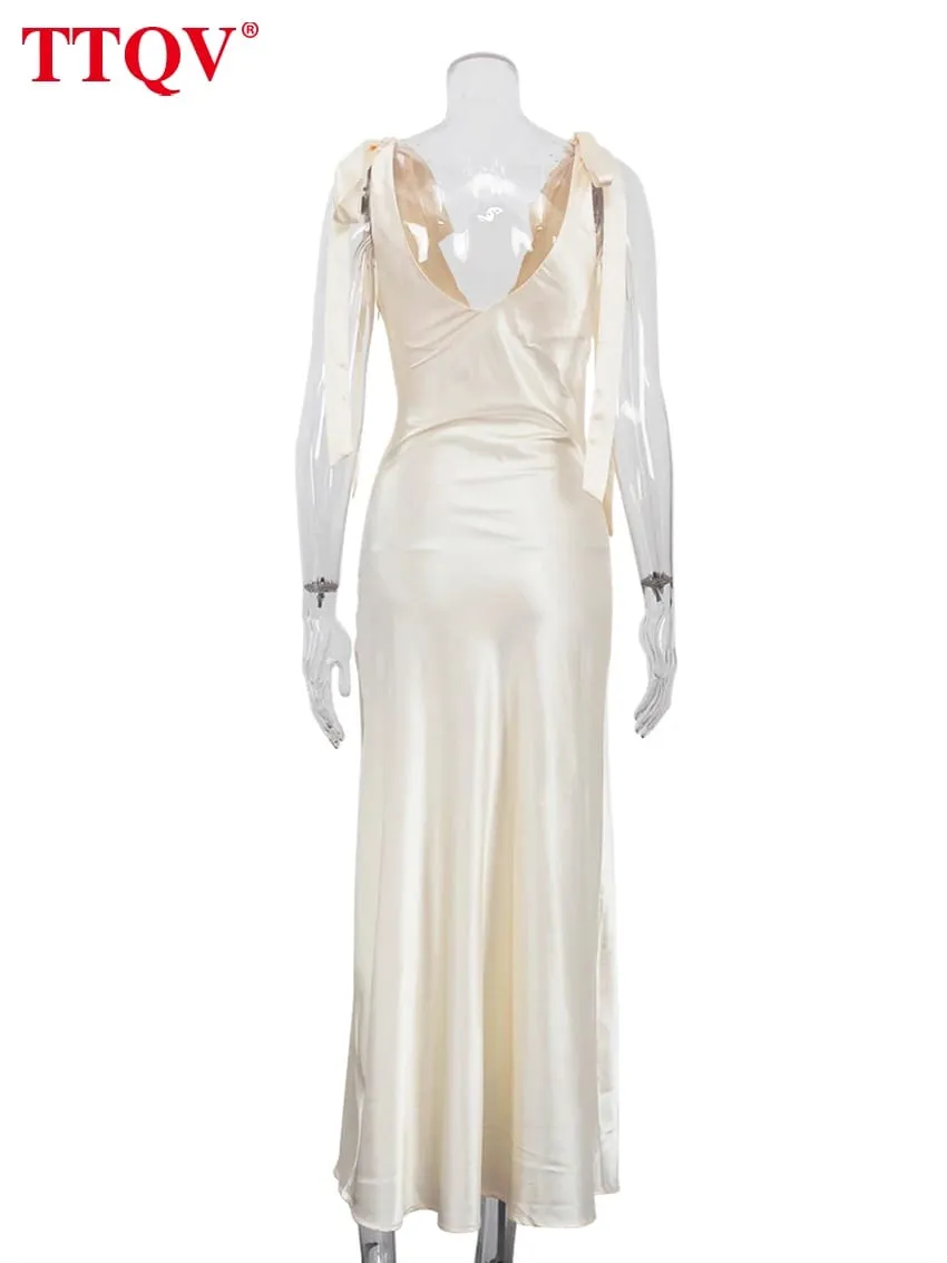 Sexy Loose Yellow Satin Women's Dress 2026 Summer V-Neck Sleeveless Maxi Dresses Elegant Classic Lace-Up Female Dress — image 7