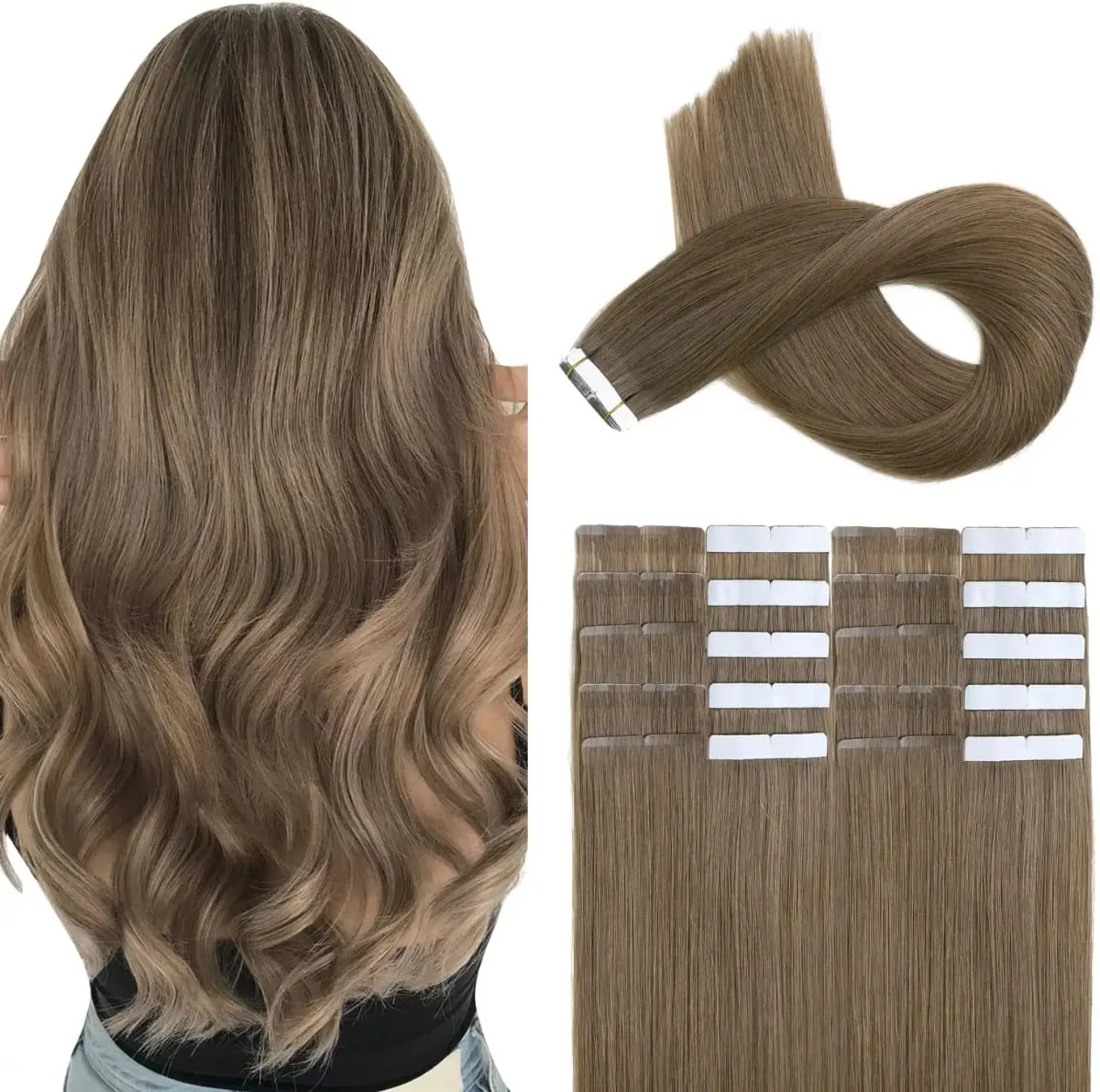 Dark Brown #2 Tape in Hair Extensions Human Hair 14-22inch Skin Weft Silky Straight