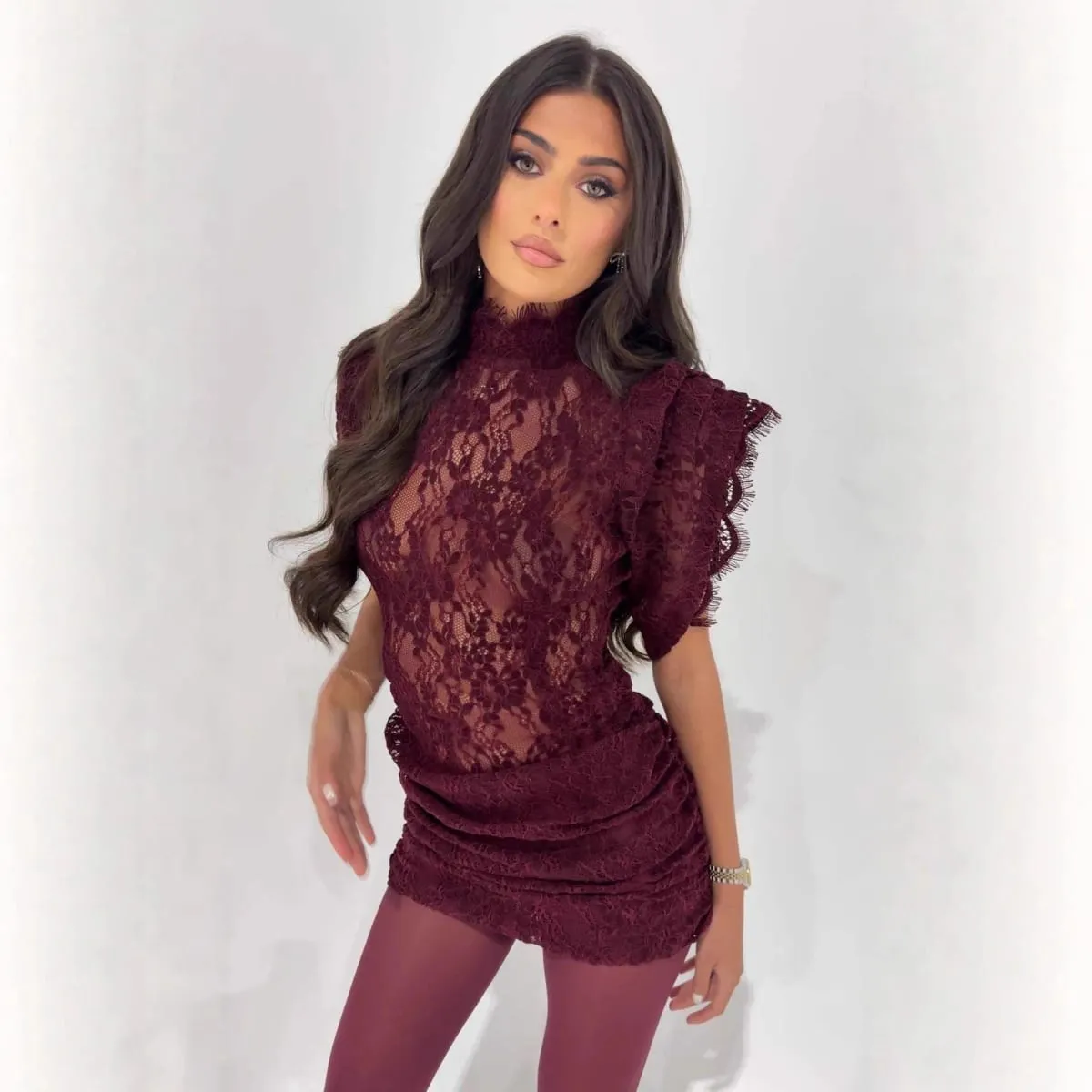 Elegant Lace Dress Fashion Retro Half High Collar Sleeveless Slim Wrap Hips Mini Dress Pambabaeng Sexy Party Dress Pambabaeng Damit