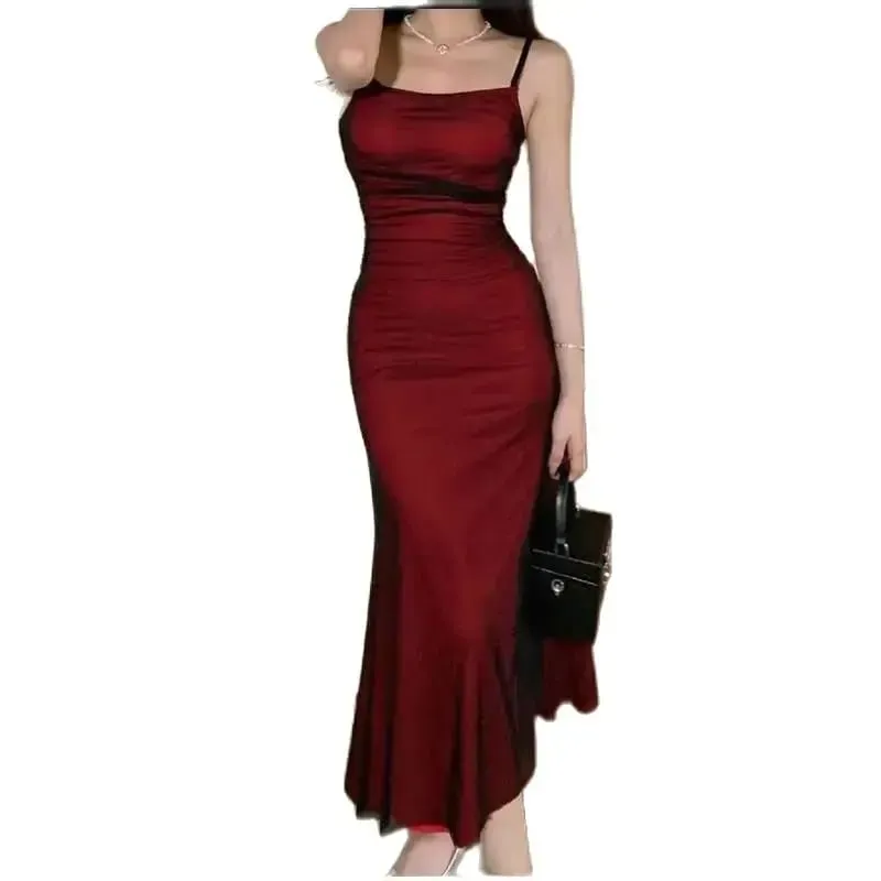 Vestido maxi feminino francês sem mangas bodycon espartilho vinho vermelho alça espaguete franzido elegante festa à noite vestidos longos vintage