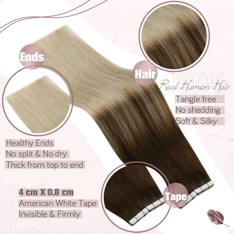 【Low Price】Ugeat Tape in Hair Extensions Human Hair Tape in Invisible Real Human Hair Extensions 12 Inches