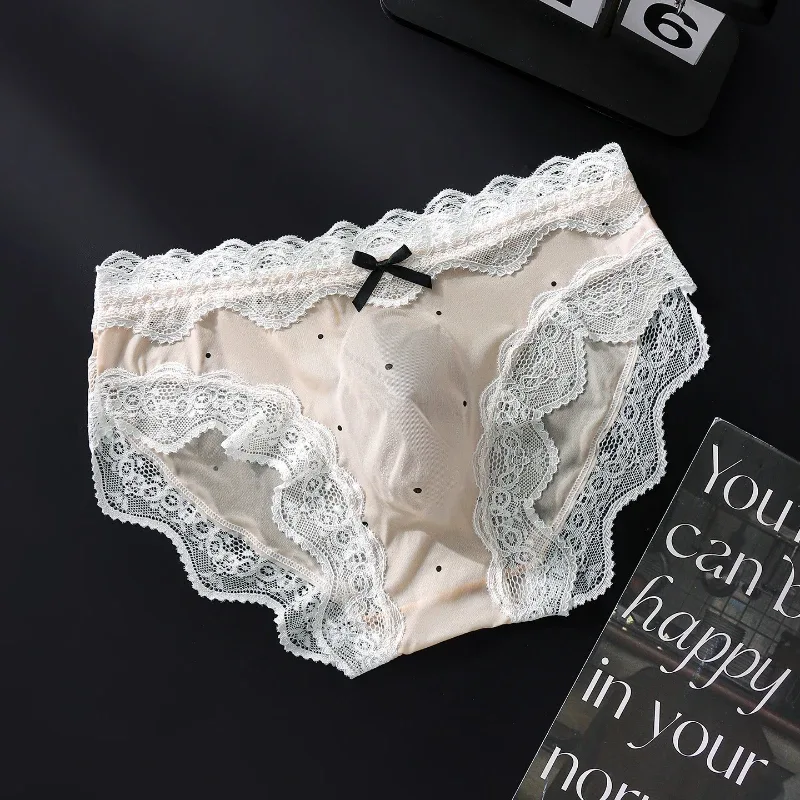 Sexiga byxor för män Spetskant Polka Dot Underkläder Ice Silk Sissy Trosor U Convex Pouch Kalsonger Seamless Se Through Underkläder — image 5