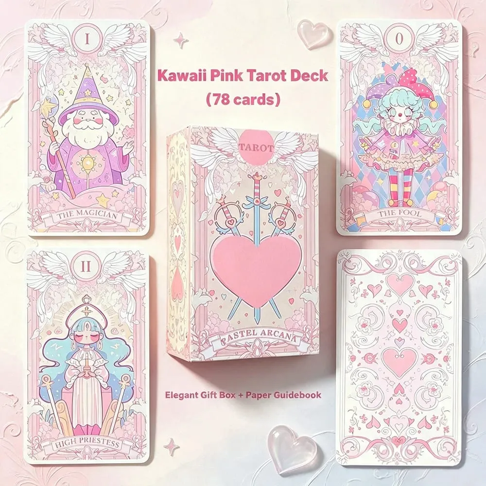 Kawaii Pink Large‑sized 78PCS Tarot Deck with Guidebook - Cute Anime Illustration for Fate Divination Future Telling Table Game — image 1