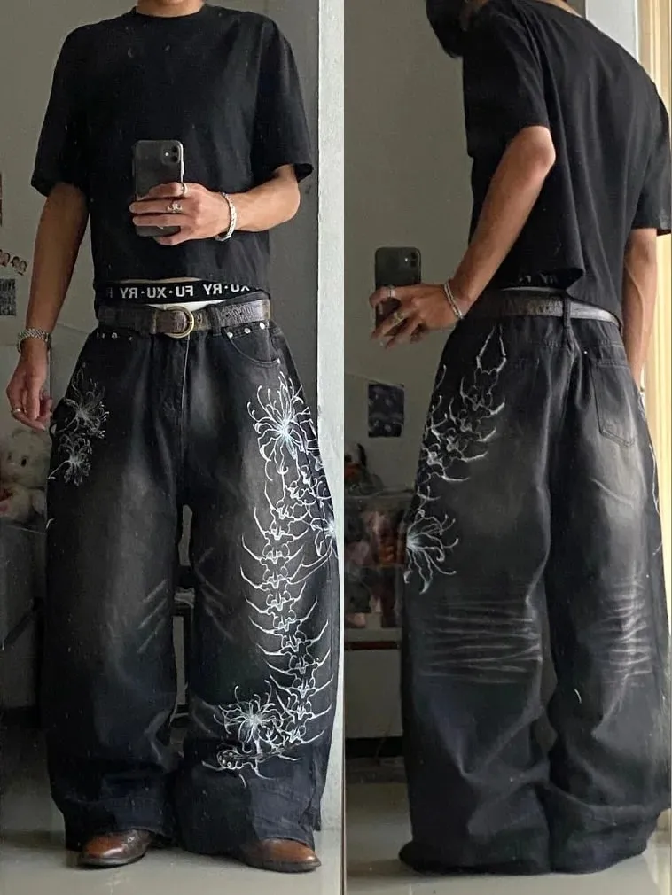 Y2K Vintage Gothic High Street Denim Black Wash Gradient Spine Spider Lily Print Wide Leg Jeans — image 2