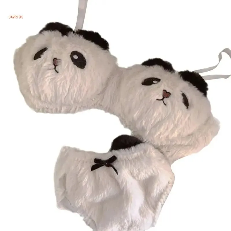 Conjunto de calcinha e sutiã de pelúcia peludo feminino, estampa de panda de desenhos animados, lingerie de inverno, menina escolar, anime japonês, roupa íntima cosplay