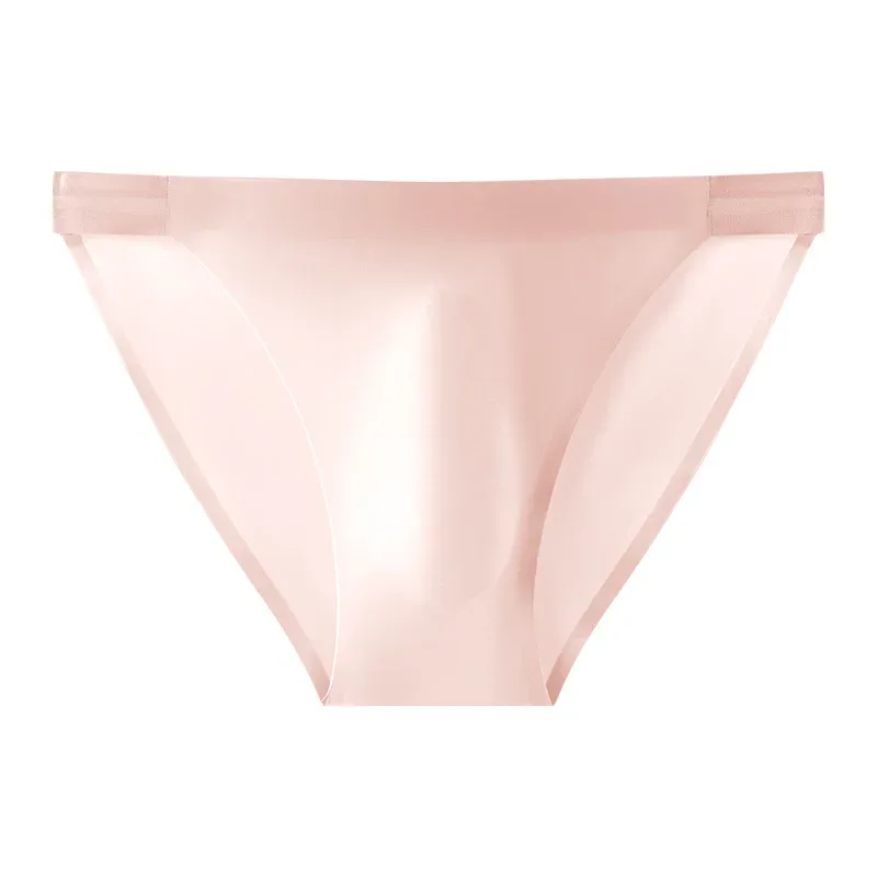 Satin Smooth Briefs Men Sexy Seemless Bulge Pouch Underwear High Stretch Thin Ice Silk Underpant Male Solid Mid Waist Panties