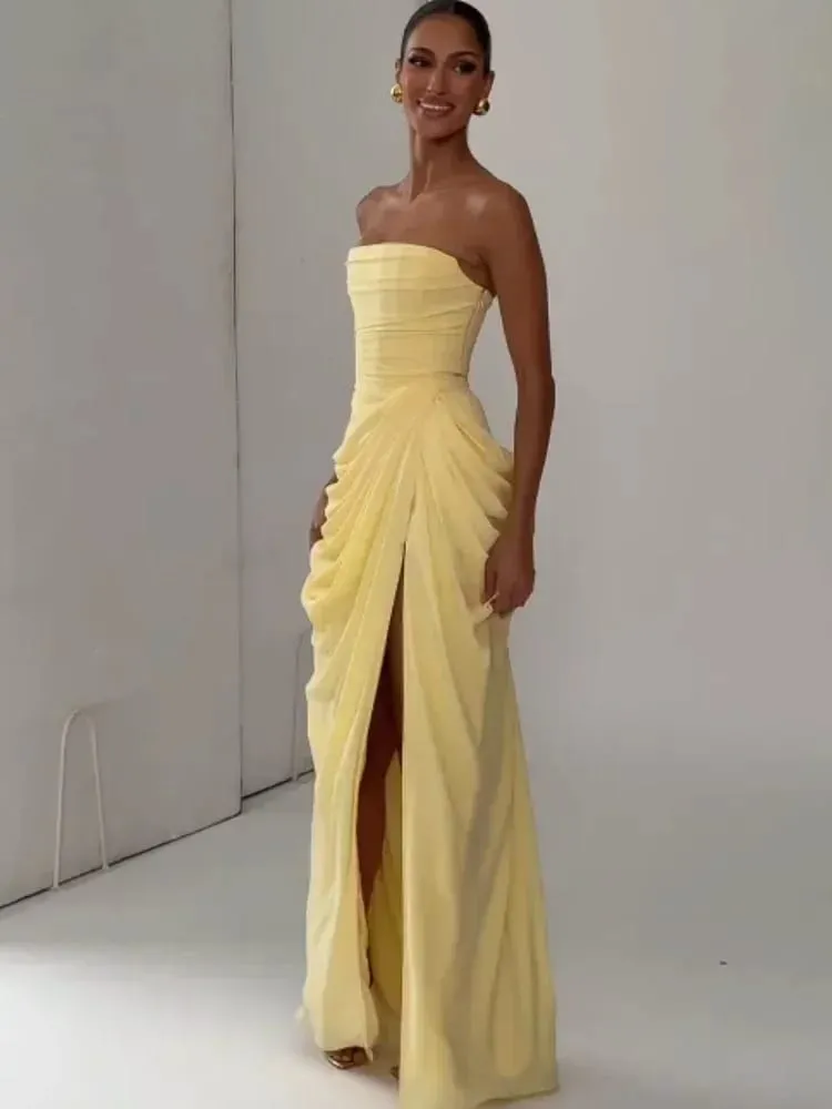 Babaeng Dilaw na Elegant Strapless Pleated Dress Sexy na Walang Manggas na Baywang Cinching Split Maxi Gowns 2026 Babae Bagong Evening Party Dresses — image 5