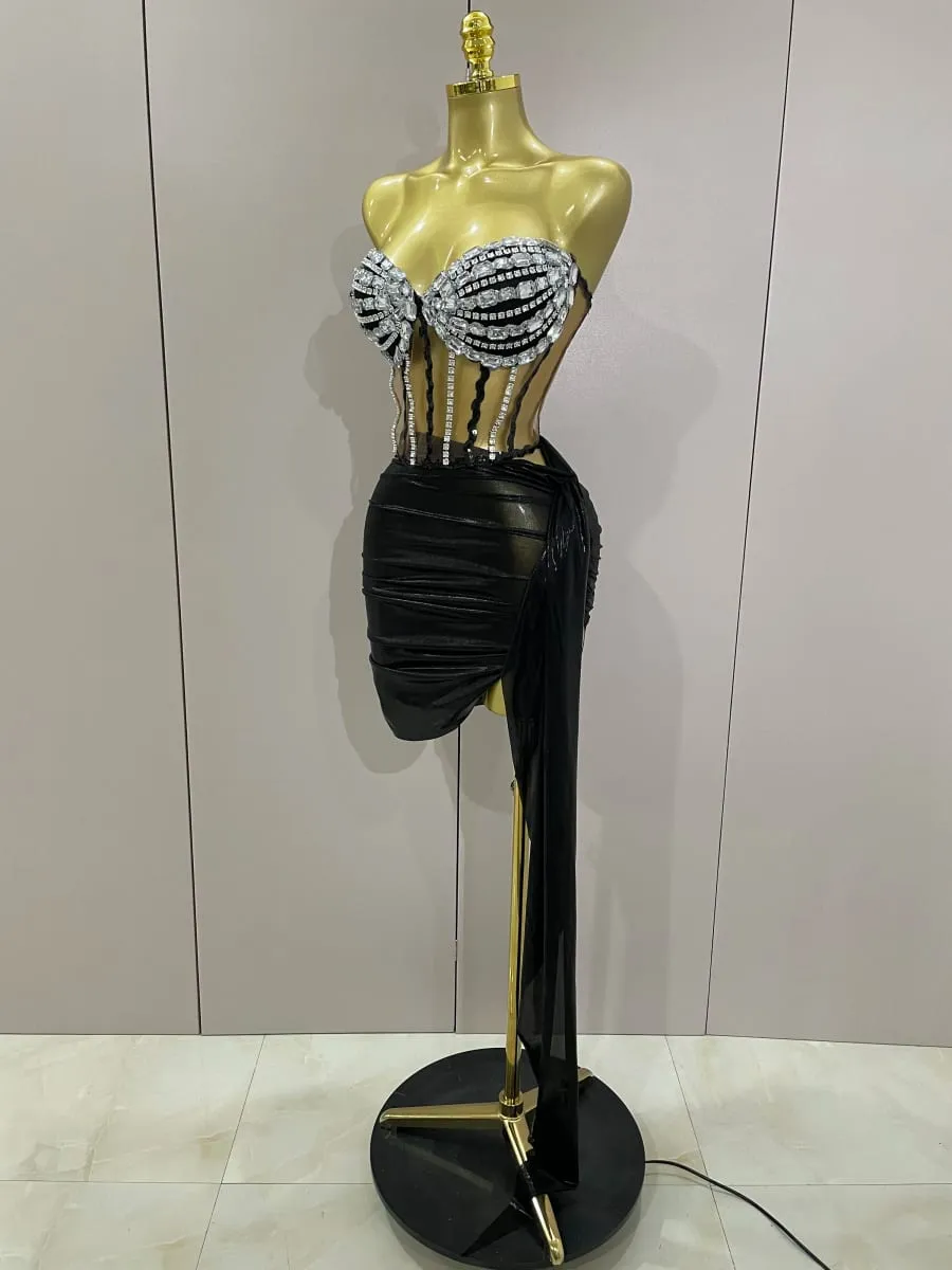 Sexy brilhante strass lantejoulas 2 peças conjunto de saia superior 2025 feminino celebridade festa à noite palco boate desempenho traje — image 2