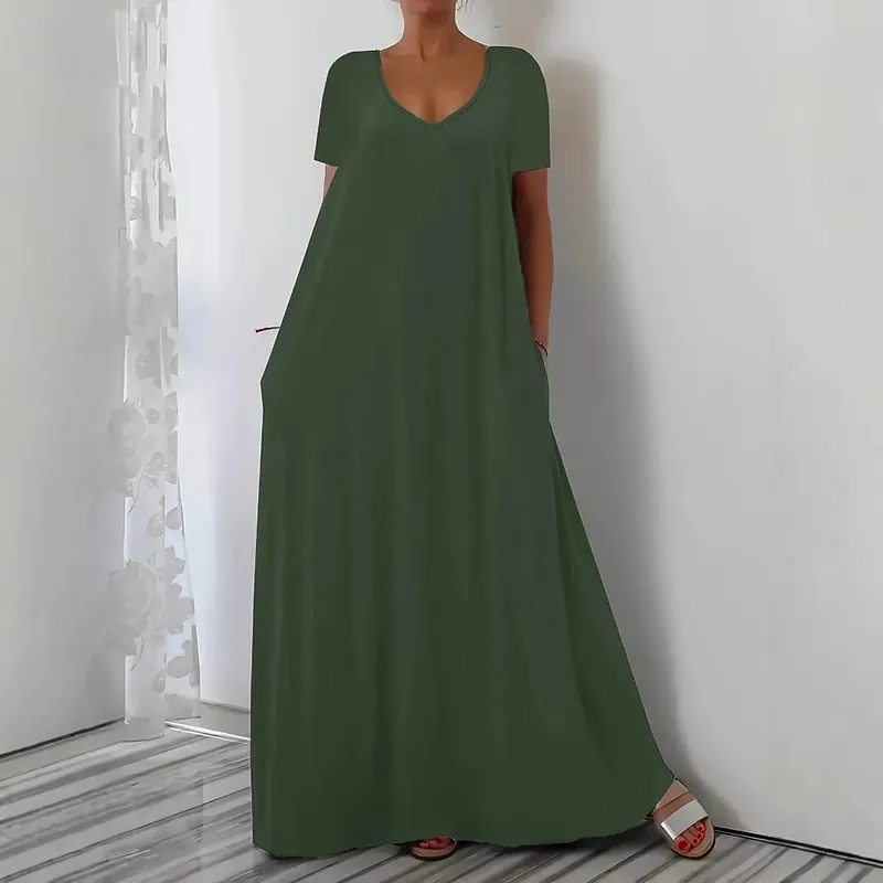 Plus size verão nova saia longa casual solto manga curta cor sólida com decote em v vestido plus size para mulher — image 3