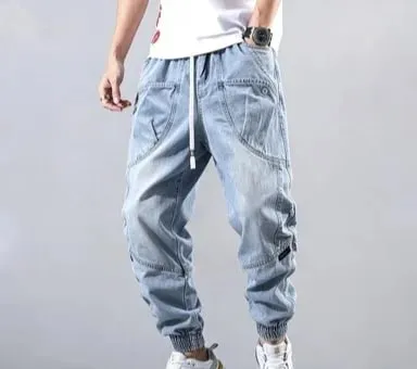 Street Elastic Jeans Men Denim Cargo Pants Wash Solid Color Multi Pockets Casual Mid Waist Trousers Daily Wear Joggers — image 11
