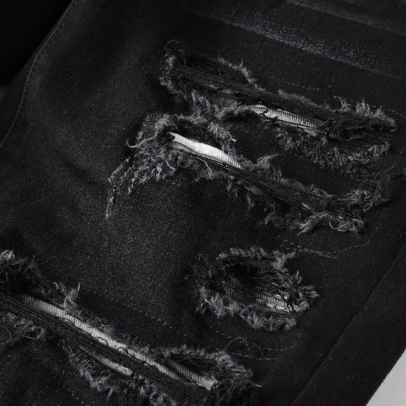 Homens plissados remendo motociclista jeans streetwear magro cônico estiramento denim calças rasgadas retalhos preto — image 5