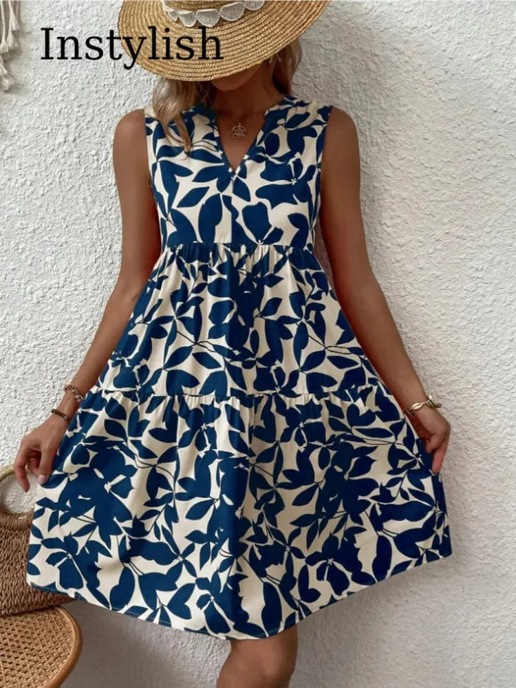 Mulheres boho impressão mini vestido de verão elegante sem mangas com decote em v plissado a linha vestido tanque casual solto oversize praia festa vestido de verão — image 3
