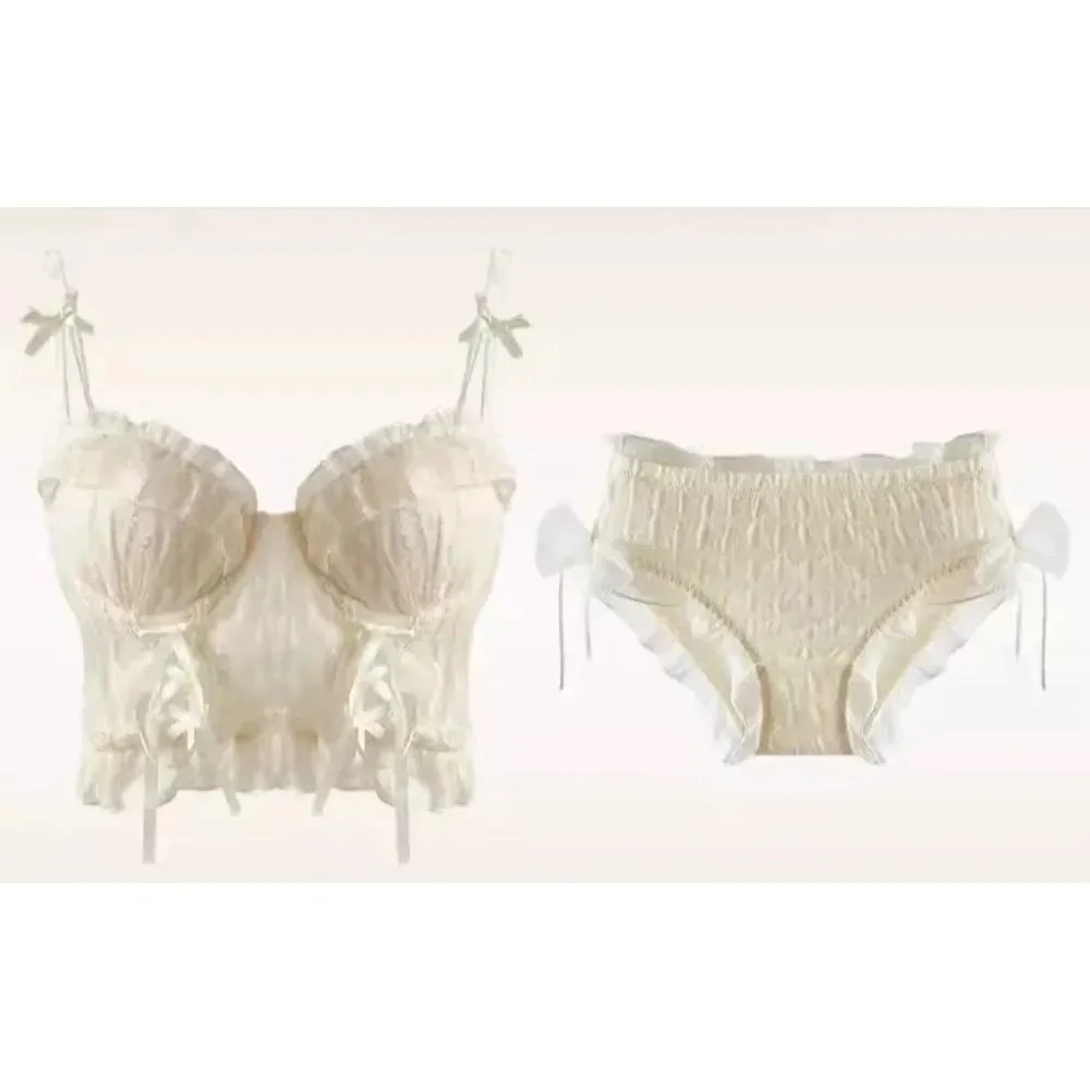 Sweet Lace Push Up Bra Set For Lady Small Bust Ruffle Mesh Cross Bandage Strappy Sexy Pure Desire Lingerie Underwear — image 5