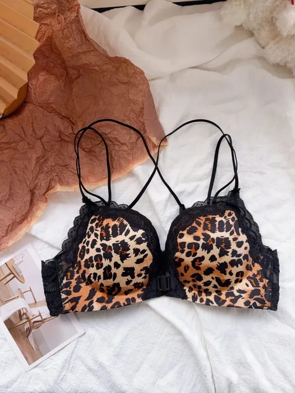 Comfortable Leopard Print Front Fastening Bra Set for Women Backless Small Chest Enhancing Hot Sale Lingerie — image 13