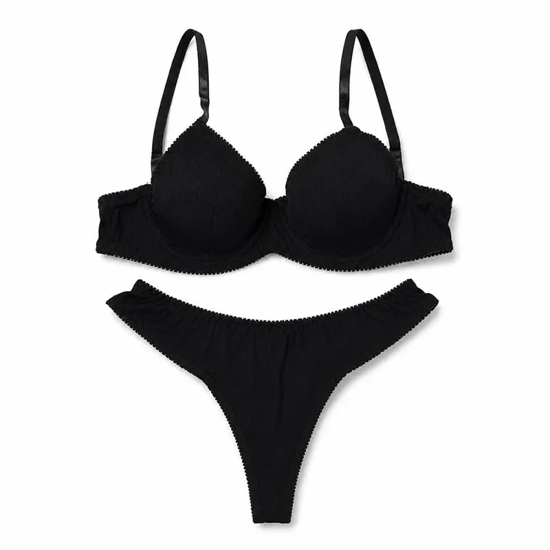 Conjunto de lingerie feminina sólida com nervuras, sutiã com copo fino, tanga de cintura baixa, macio, íntimo diário — image 3