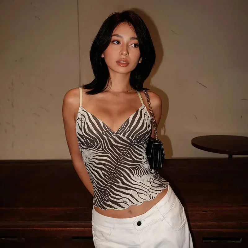 Women Summer Mesh Zebra Print V Neck Mesh Cami Tops — image 3