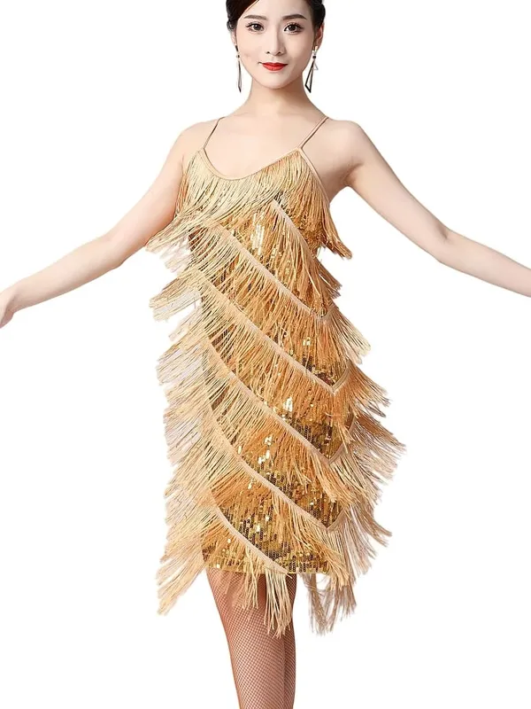 Dam 1920-tal Vintage Great Gatsby Party Paljettklänning Sexig V-ringad Sommar Cami Klänning Guld fransklänning Vestidos Flapper Kostymer — image 4