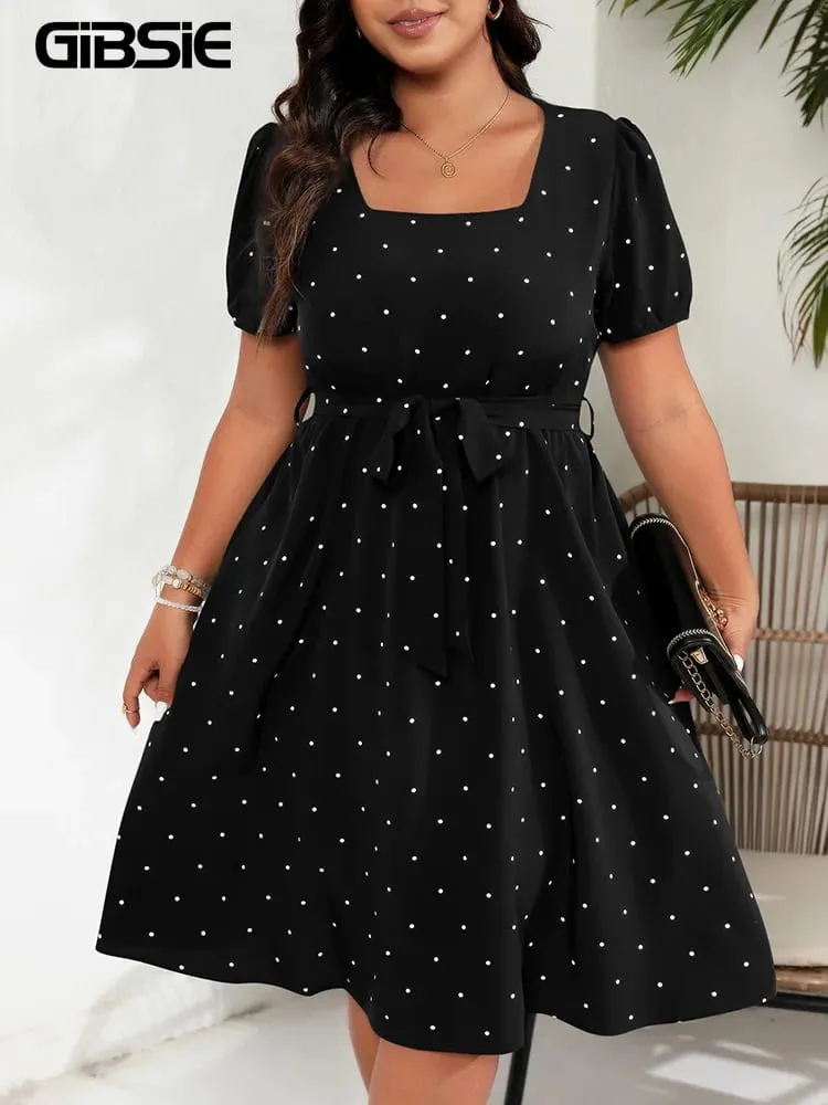 Vestido feminino plus size, gola quadrada, bolinhas, cinto, elegante, retrô, manga bufante, cintura alta, verão, linha a, vestidos grandes — image 2