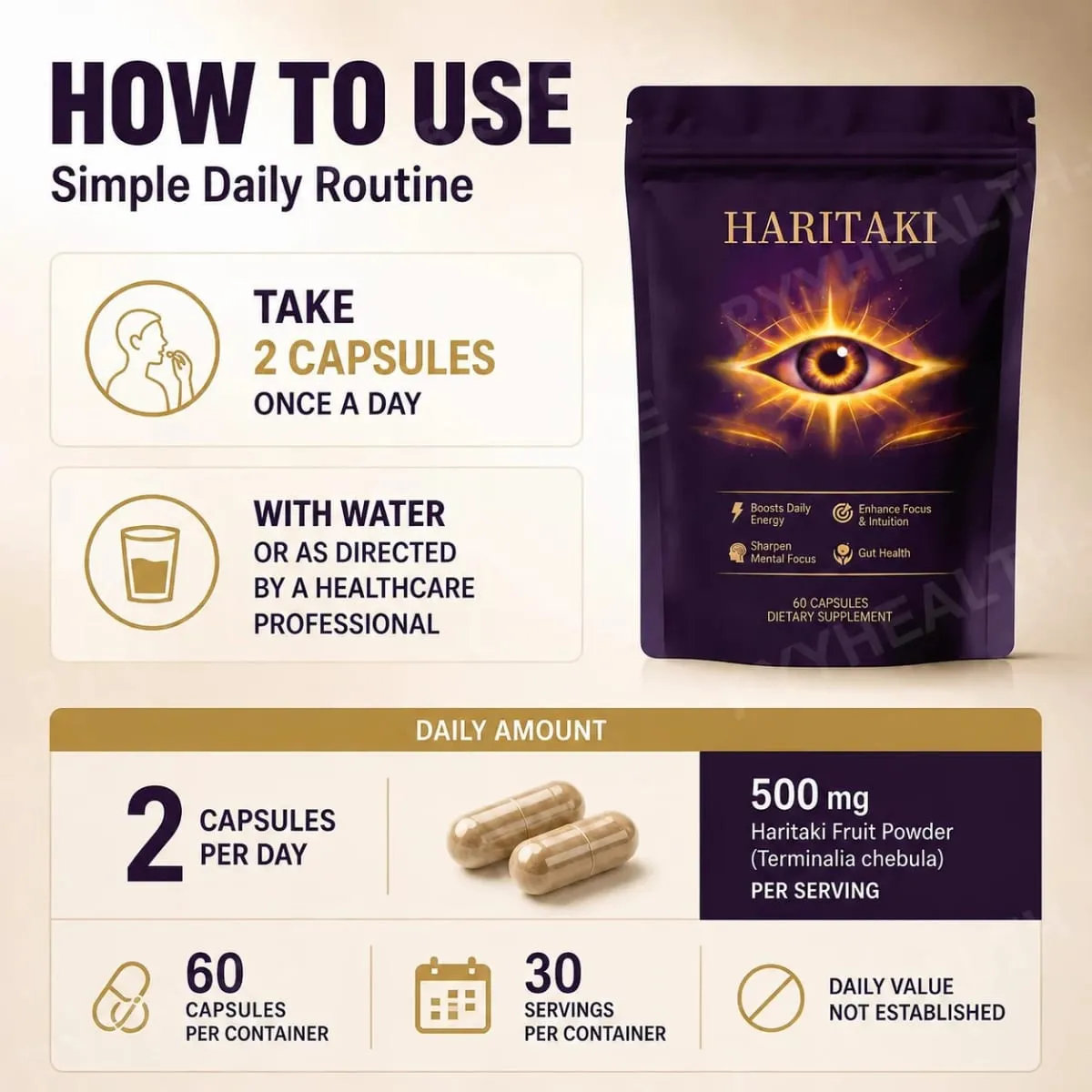 Haritaki Fruit Powder Capsules Supports Digestive Balance and Gut Health Mental Focus Single Ingredient 30 Servings 60 Capsules — image 5