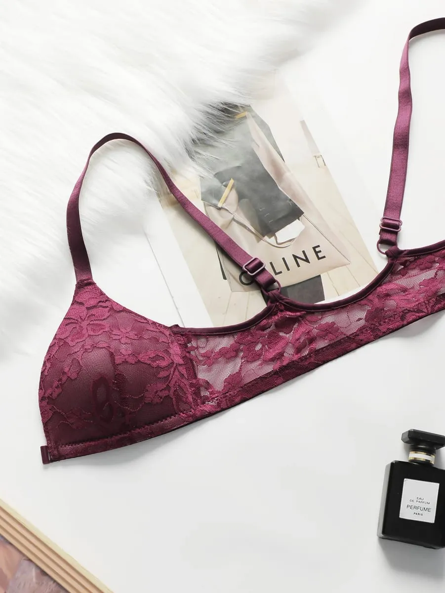Women Sheer Lace Bra Set Front Hook Closure Wireless V Neck Brassiere Burgundy Floral Lace Underwear Panties Suit Sexy Lingerie — image 5
