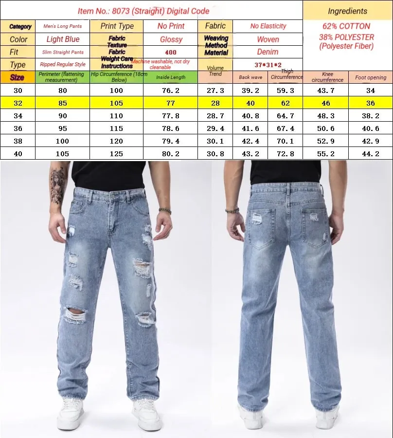 Light Blue Washed Ripped Frayed Denim Jeans For Men Non Stretch Straight Leg Loose Baggy Distressed Pants Vintage Y2K Hip Hop Da — image 6